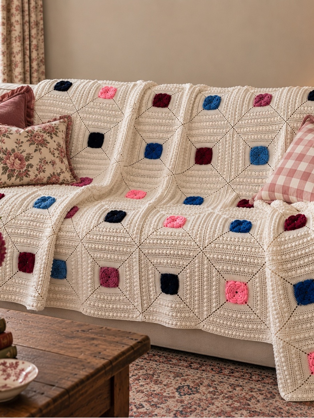 Handmade Cream Crochet Throw Blanket with Multicolor Squares